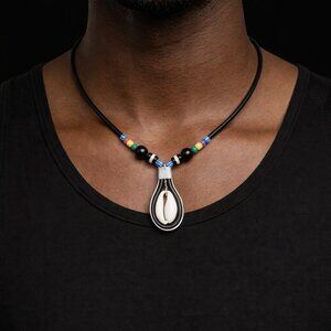 Black and Multicolor Beaded Shell Pendant Necklace